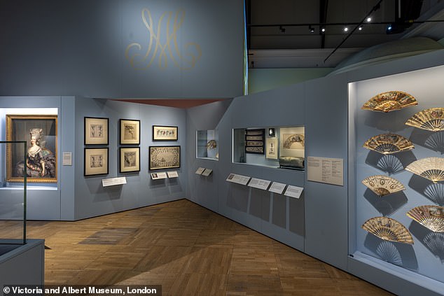 Galleries exploring Marie's iconic hairstyles, created by her hairdresser Monsieur Léonard and stylist Rose Bertin, are displayed alongside fabric and lace swatches and fans