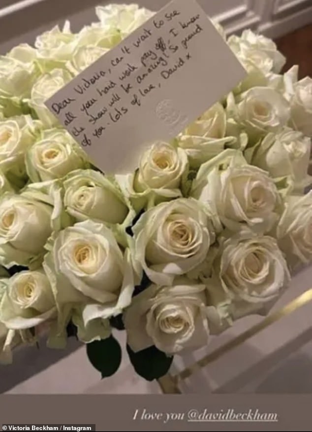 The aspiring chef, 26, lavished the heiress with a bouquet of white roses, identical to the blooms Victoria was sent (pictured) by her husband when turning 51 last April