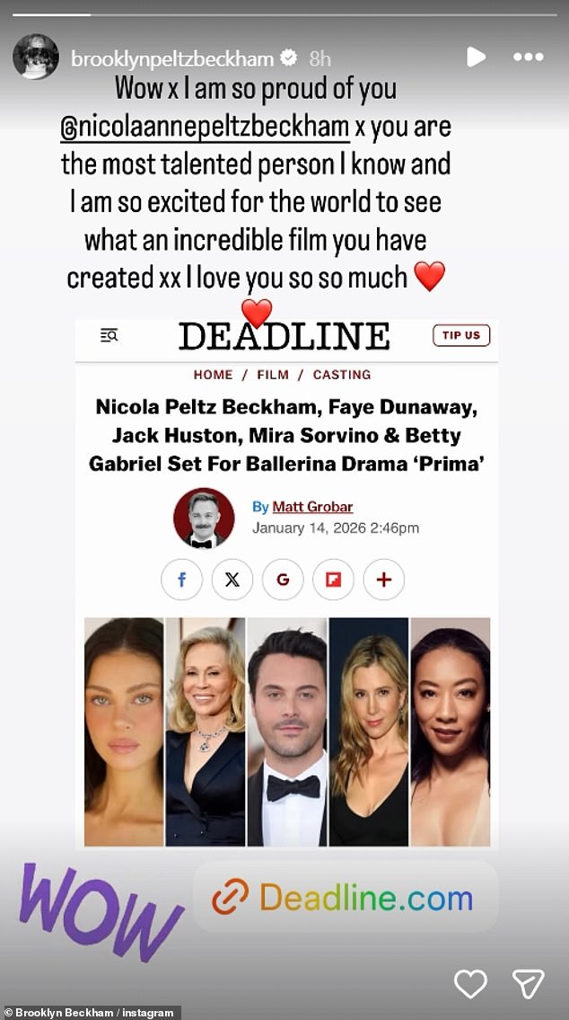 The actress will star alongside Jack Huston, Betty Gabriel, Faye Dunaway and Mira Sorvino in the new indie drama Prima. Sharing the exciting news Brooklyn gushed over his 'talented' wife