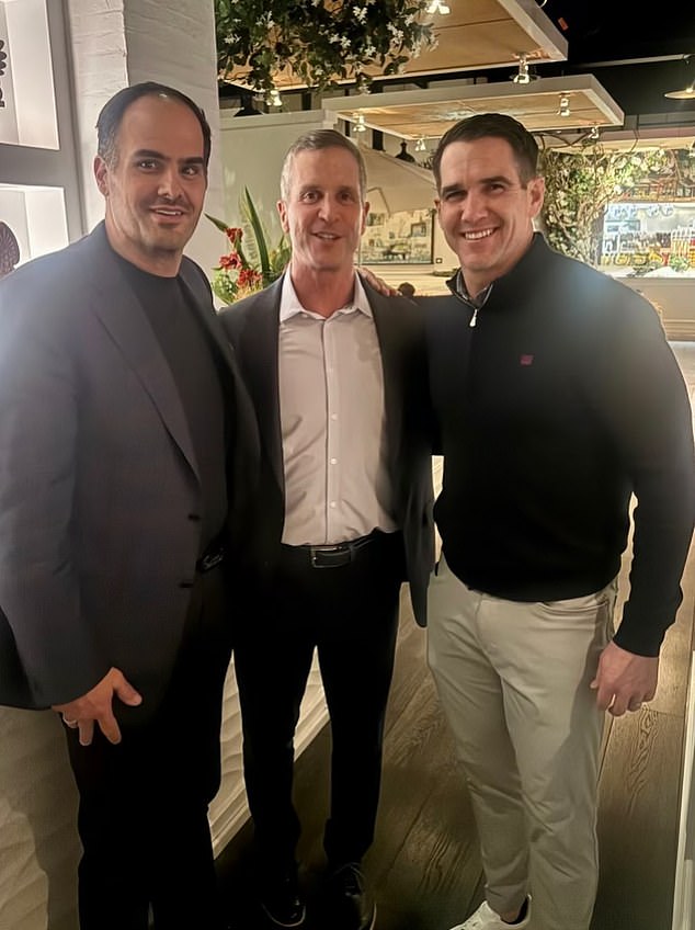 John Harbaugh (center) and GM Joe Schoen negotiated his Giants deal at a restaurant in New Jersey on Wednesday night