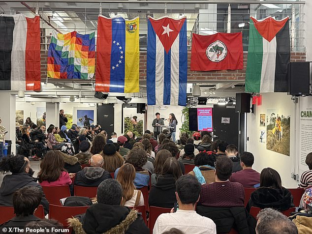 The Democratic Socialists of America (DSA) group in Manhattan is mustering an army of more than 4,000 anti-ICE activists to form 'rapid response' teams, according to the New York Post. Pictured: The group meeting at the People's Forum on January 12 to coordinate anti-ICE action)