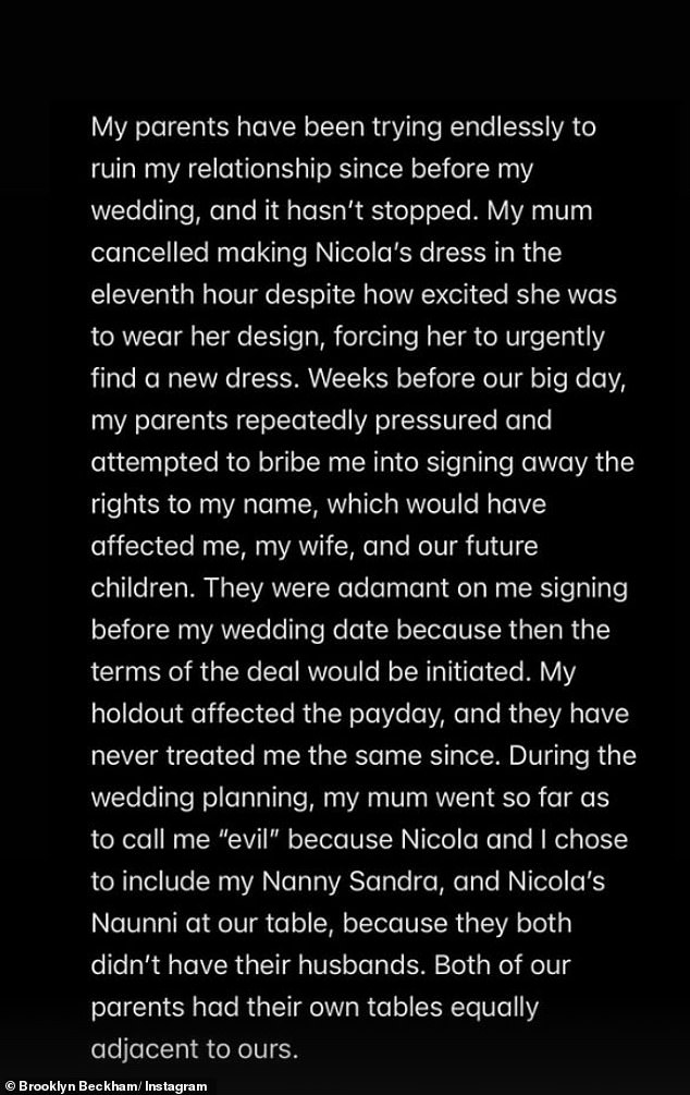 Brooklyn went on to address his wedding to Nicola, claiming there had been repeated attempts to ruin their relationship