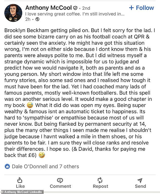 Former QPR, Norwich and Bradford City coach Tony McCool revealed Brooklyn used to arrive to training 'flanked by security'