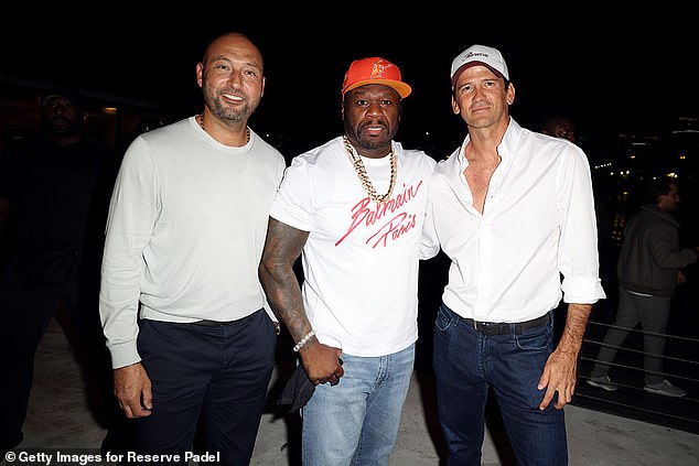Jeter is pictured with 50 Cent and billionaire Wayne Boich at the Reserve Cup Opening Night