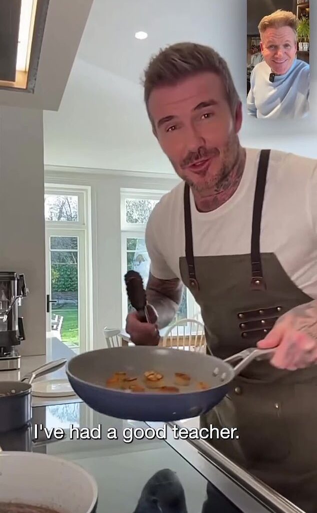 David Beckham appeared to play his chef son Brooklyn at his own game as he cooked for Gordon Ramsay on Instagram on Saturday