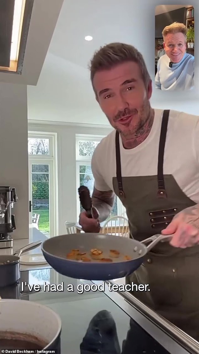 David Beckham appeared to play his chef son Brooklyn at his own game as he cooked for Gordon Ramsay on Instagram on Saturday
