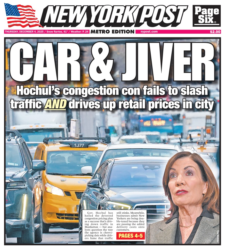 A newspaper front page with the headline "CAR & JIVER" above an image of crowded city traffic and a portrait of Governor Kathy Hochul.
