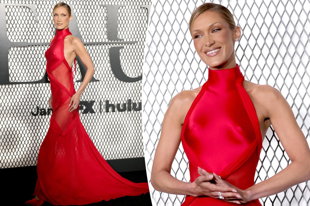Bella Hadid heats up ‘The Beauty’ NYC premiere in red silk Schiaparelli gown