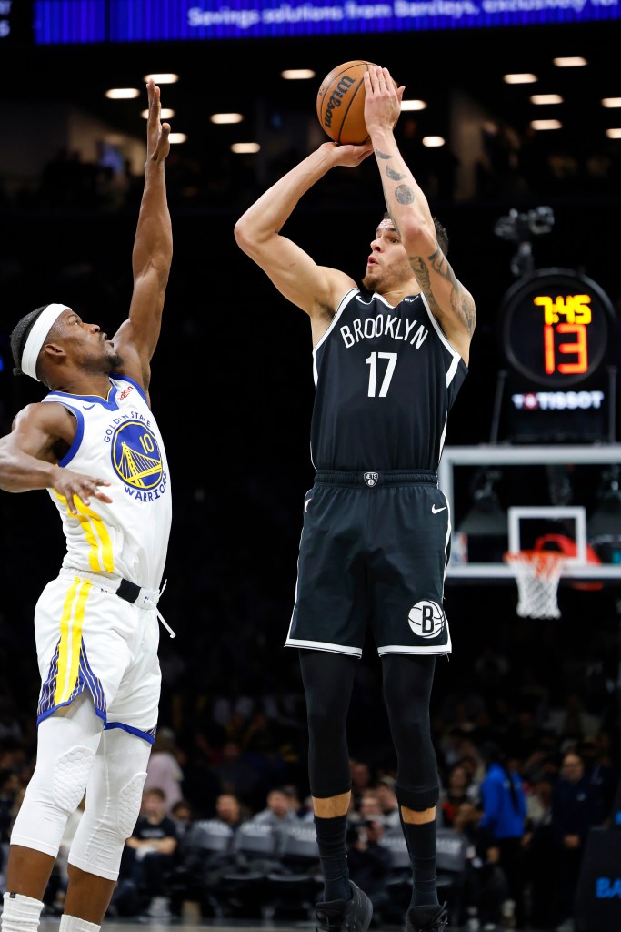 Michael Porter Jr. #17 of the Brooklyn Nets puts up a shot as Jimmy Butler III #10 of the Golden State Warriors jumps to defend during the second half when the Brooklyn Nets played the Golden State Warriors Monday, December 29, 2025.