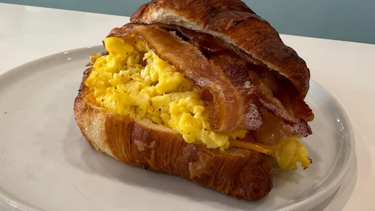 The bacon, egg and cheese on a croissant at Bianco...
