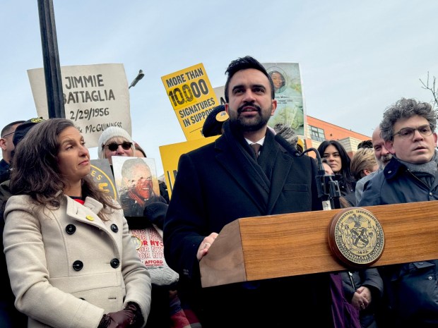 Mayor Zohran Mamdani speaks to press and community members at Father Studzinski Square in Greenpoint, Brooklyn, on Saturday, Jan. 3, 2026. (Rebecca White / New York Daily News)