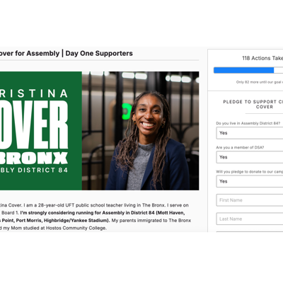 DSA member Christina Cover weighing Assembly bid in the South Bronx