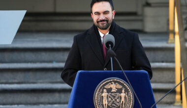 New York Mayor Zohran Mamdani at a lecturn