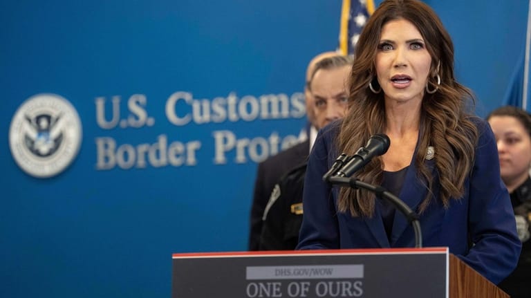 U.S. Homeland Security Secretary Kristi Noem speaks during a press...