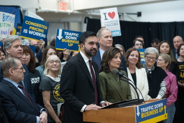 New York City Mayor Zohran Mamdani joins New York Governor Kathy Hochul and Metropolitan Transportation Authority (MTA) is Chair and CEO Janno Lieber in Manhattan to celebrate the successes of one year of congestion pricing in Manhattan on Monday, January 5, 2026. (Michael Appleton/Mayoral Photography Office)