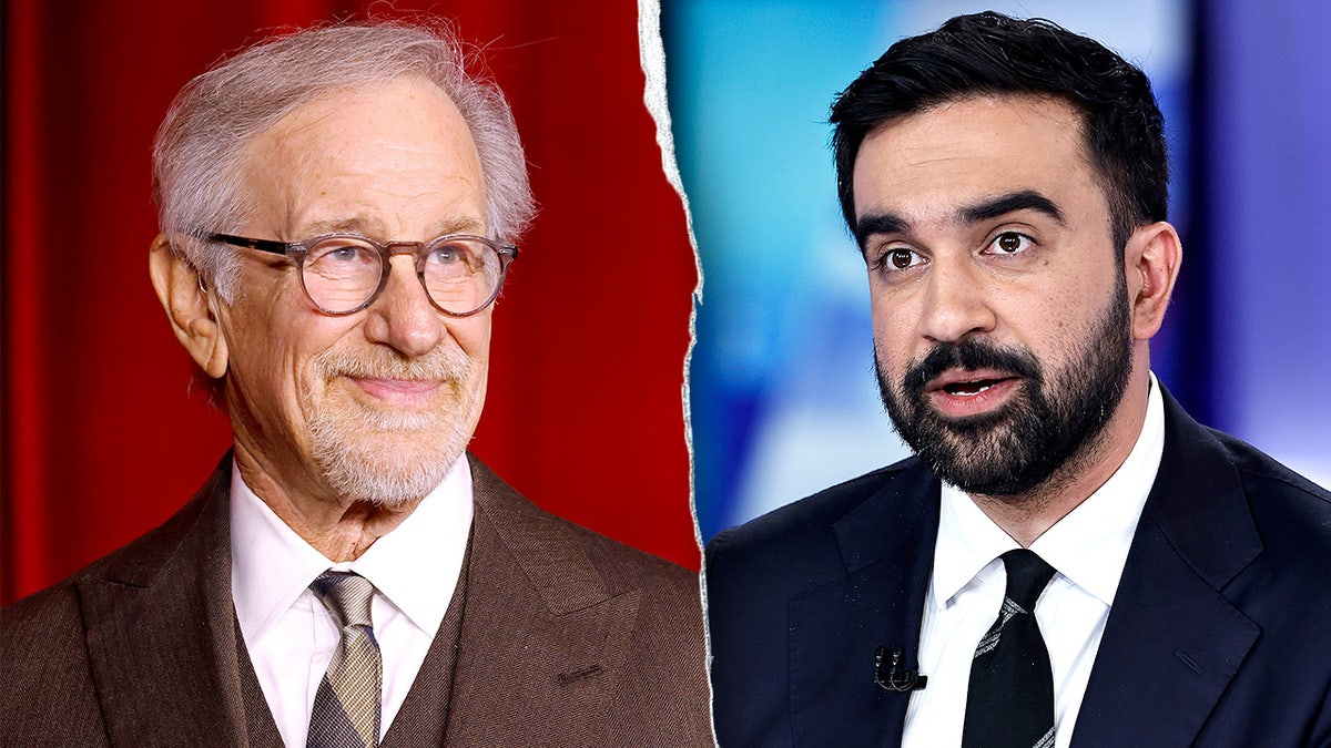 A split-screen image showing filmmaker Steven Spielberg on the left and New York City Mayor Zohran Mamdani on the right.