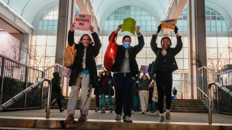Nurses strike outside Mount Sinai West Hospital, Monday, Jan. 12,...