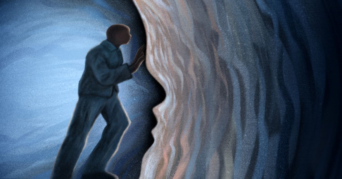 An illustration shows a Black man in a dark blue prison uniform pushing against a wall that is shaped like a face. There are brown, white and blue waves on the right side of the wall.