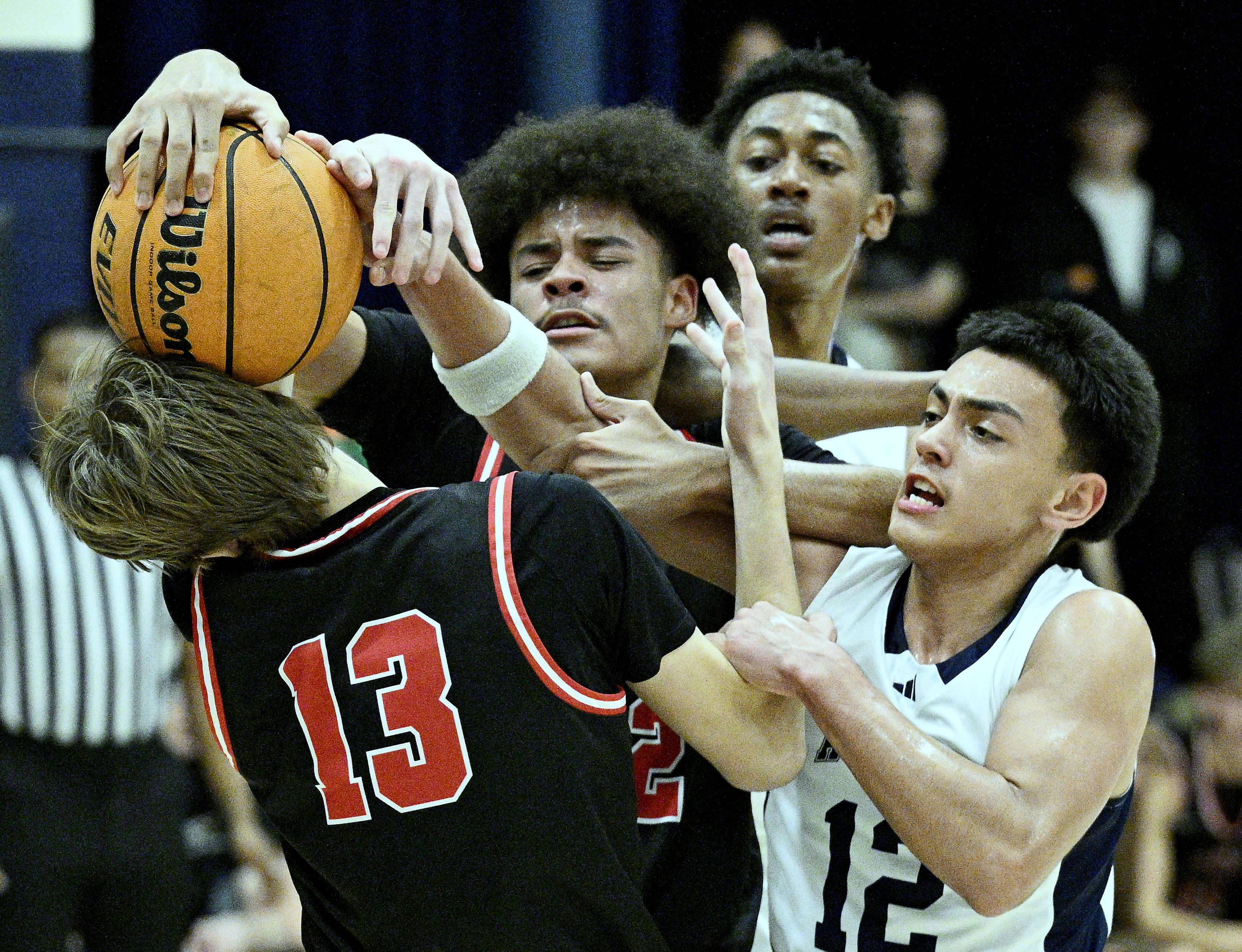 From left, Arrowhead Christian Academy forward Jonas Triemstra (13), Arrowhead...