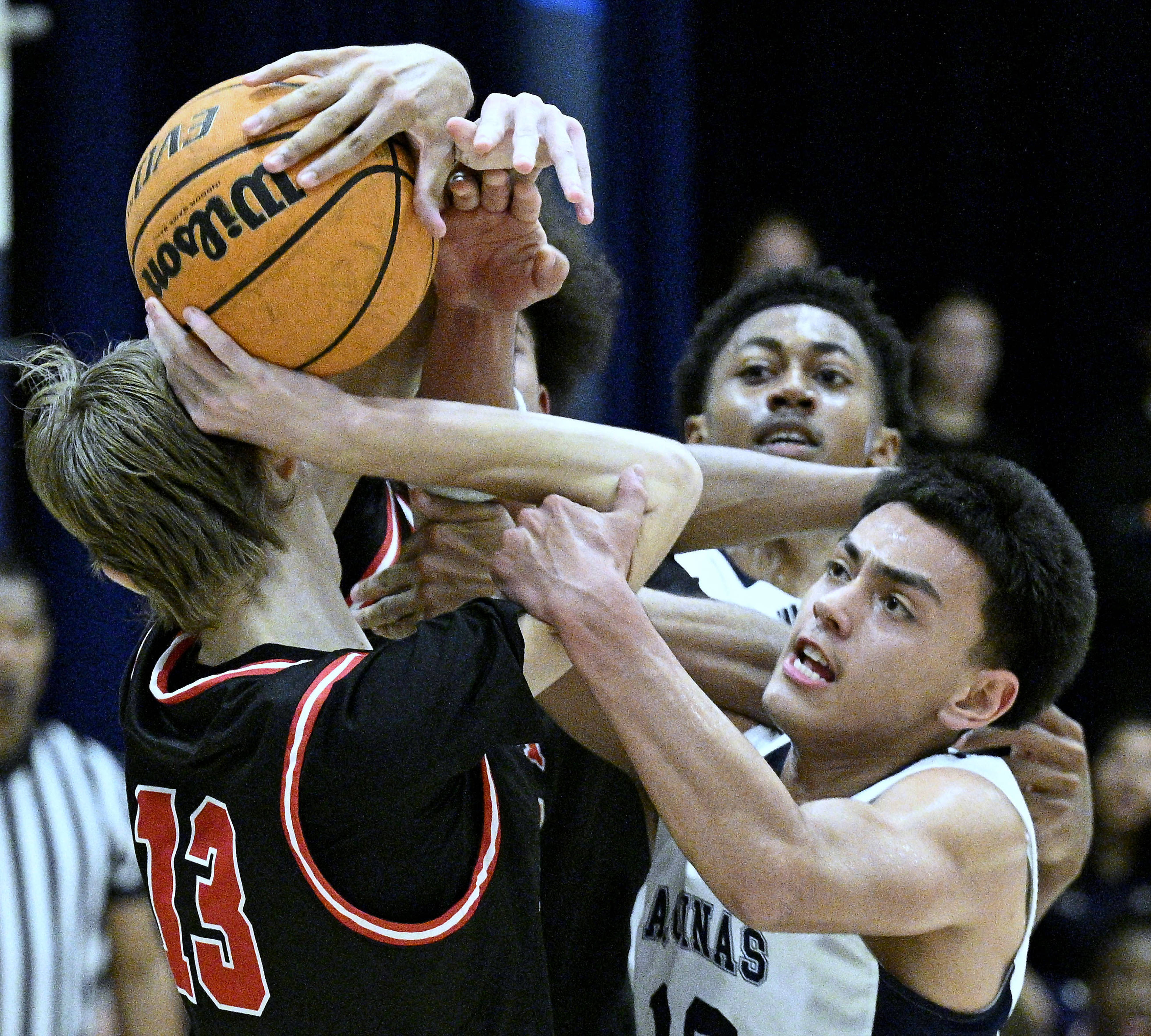From left, Arrowhead Christian Academy forward Jonas Triemstra (13) and...