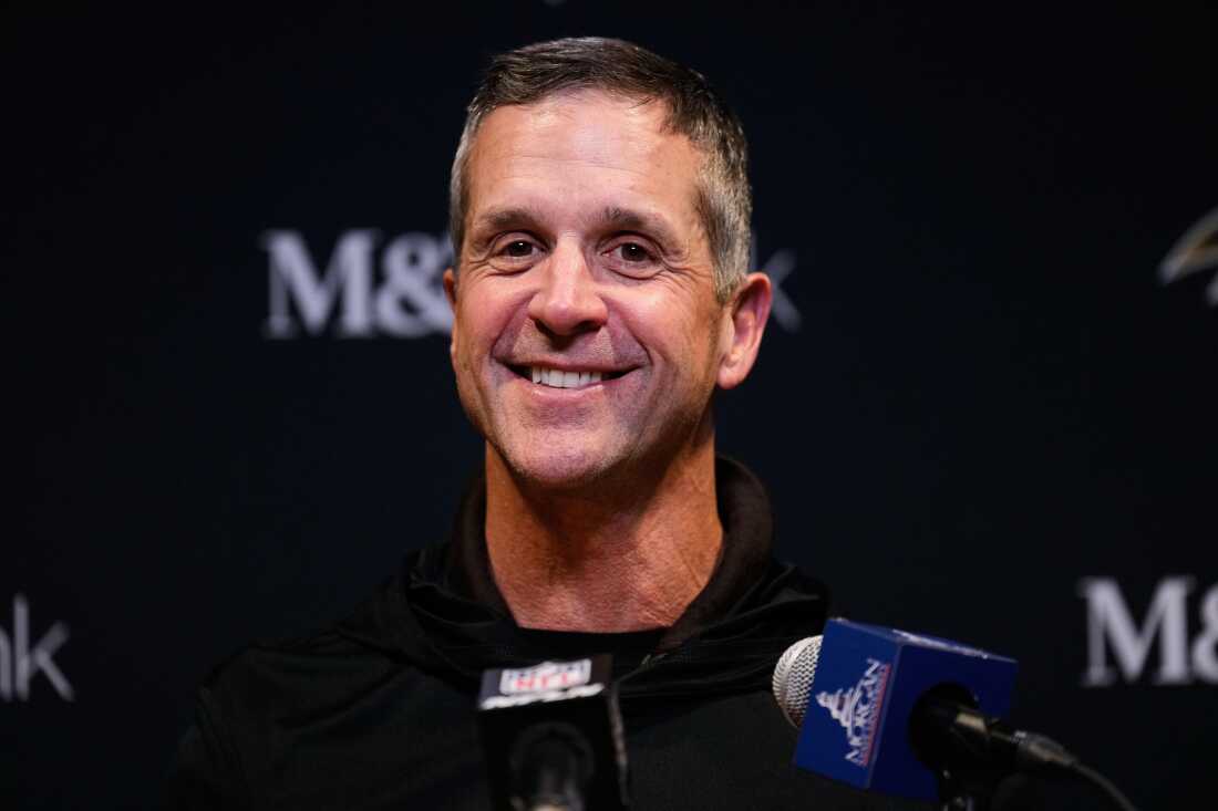 Baltimore Ravens head coach John Harbaugh speaks during a press conference after an NFL football game against the Cincinnati Bengals on Dec. 14, 2025, in Cincinnati.