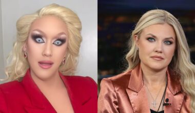On the left, drag performer Lauren Banall as Erika Kirk. On the right, Erika Kirk on Fox News.