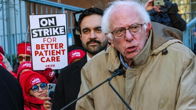Mayor Zohran Mamdani and Senator Bernie Sanders (I-VT), speak in...