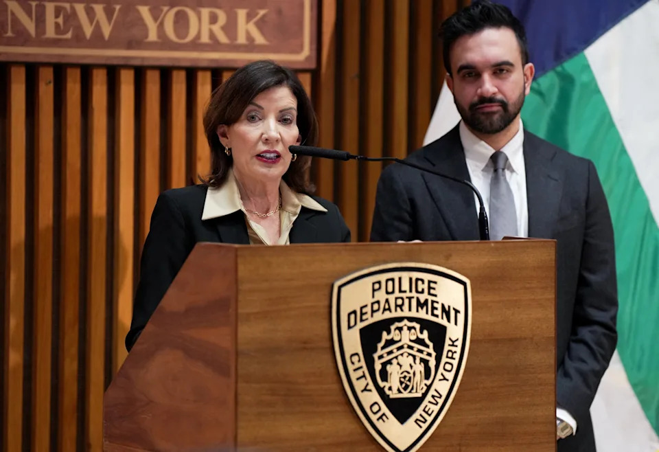New York Gov. Kathy Hochul speaks next to New York City Mayor Zohran Mamdani at a news conference on Jan. 6, 2026.