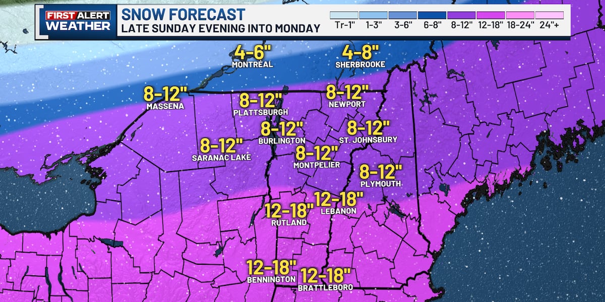 Snow totals town-by-town for Vermont and New York Sunday into Monday
