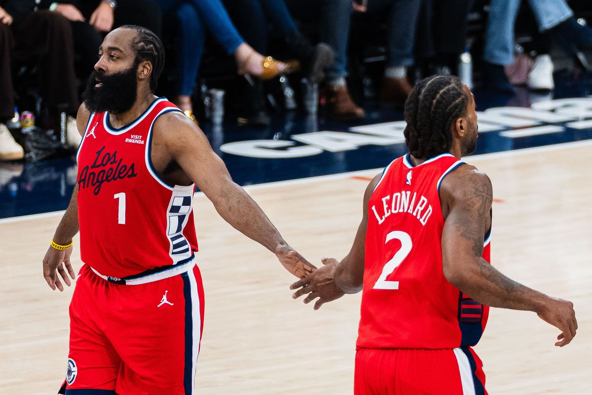 Los Angeles Clippers guard James Harden (1) and forward Kawhi Leonard (2) high-five each other during an NBA basketball game against the Brooklyn Nets, Sunday January 25th, 2026 in Inglewood, California. 