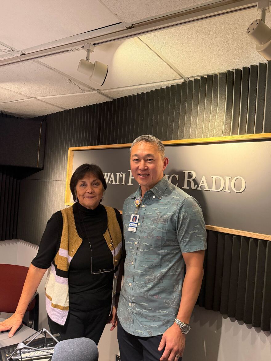 The Conversation's Catherine Cruz and the Queen's Health Systems CEO Jason Chang at HPR. (Jan. 27, 2026)