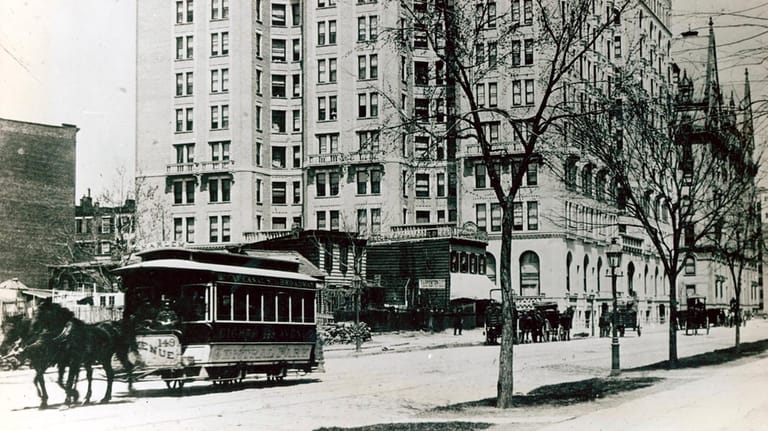A horse-drawn streetcar in New York City in 1897.
