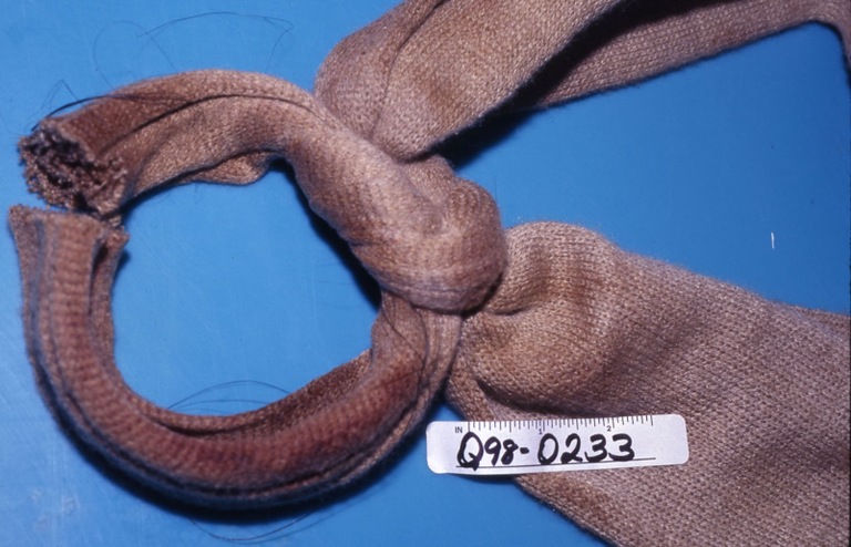 Brown scarf tightly wrapped around itself, found on the victim.