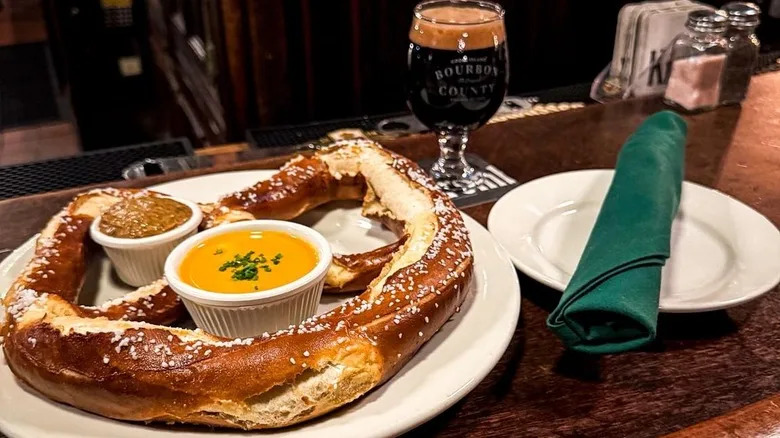 German pretzel and beer served at Killmeyer's