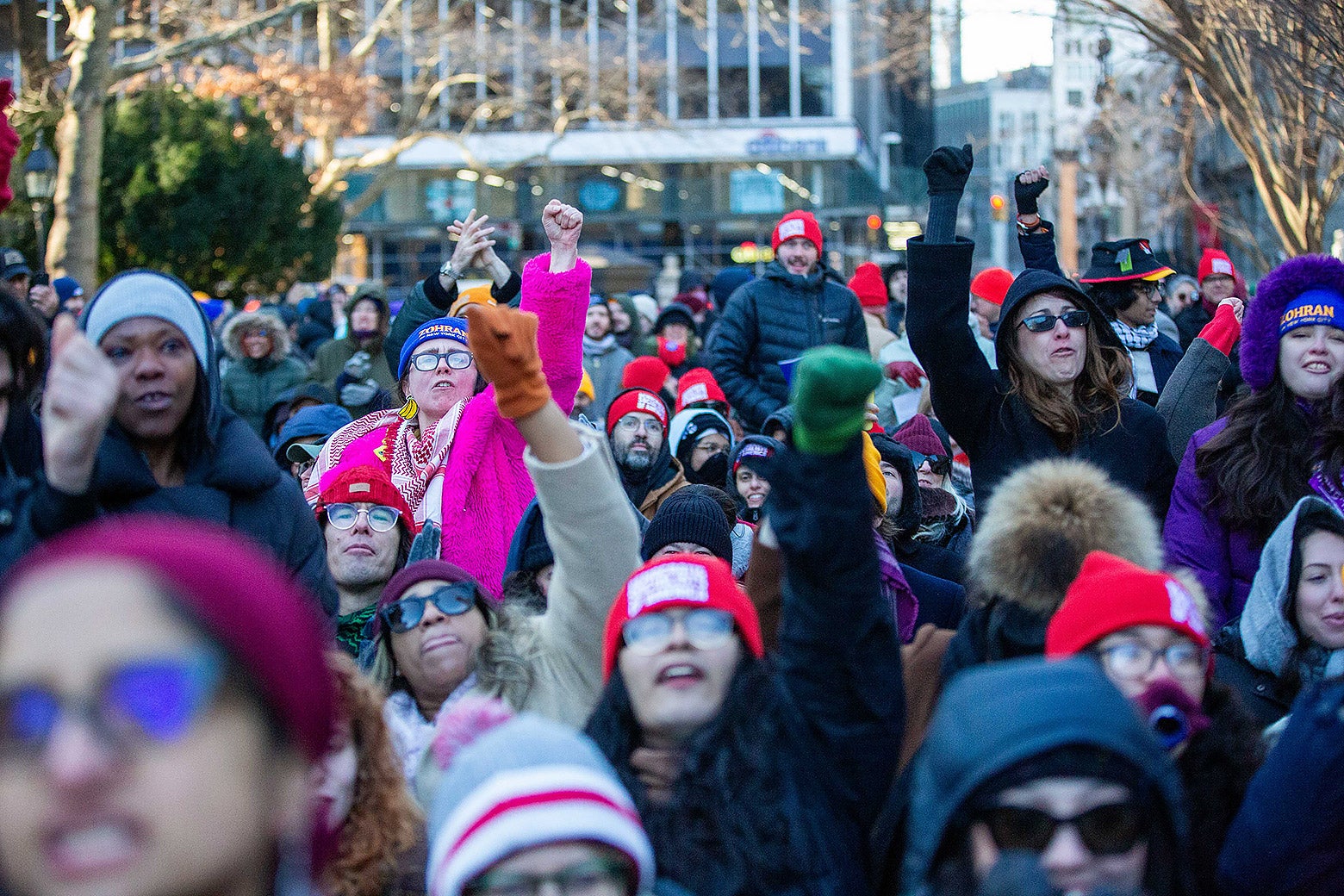 The crowd at Mamdani's event, featuring a packed lawn of supporters raising their fists in the air.