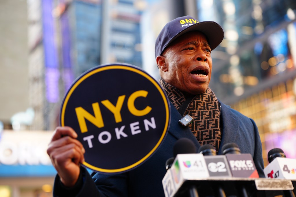 Former New York City Mayor Eric Adams speaks during a news conference in Times Square on Monday, January 12, 2026, in New York, N.Y., his first public appearance since leaving office. 