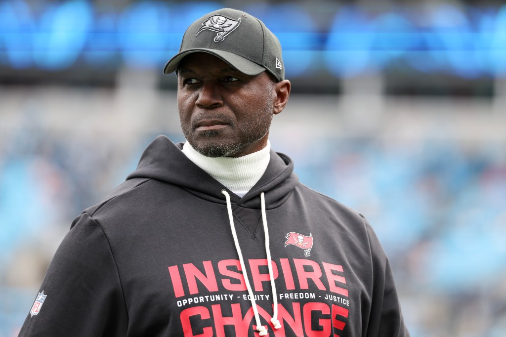 Head coach Todd Bowles of the Tampa Bay Buccaneers looks on prior to a game against the Carolina Panthers at Bank of America Stadium on December 21, 2025 in Charlotte, North Carolina.