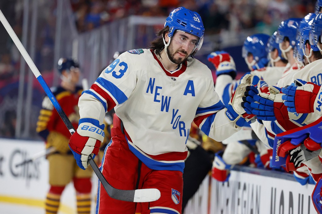 Mika Zibanejad #93 of the New York Rangers celebrates his goal with teammates during the 2026 Discover NHL Winter Classic against the Florida Panthers at LoanDepot Park on January 2, 2026 in Miami, Florida. 