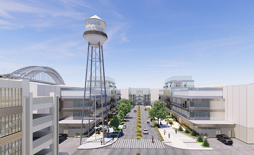 The planned 1888 Studios in Bayonne, a 1.6 million-square-foot facility, was designed by leading architecture firm Gensler to evoke the imagery of Golden Age Hollywood and is being developed by Togus Urban Renewal.