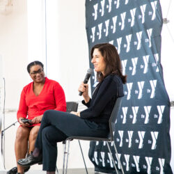 Sonia Atherly, left, and Rana Foroohar lead the Q&A session after Foroohar’s speech. Brooklyn Eagle photo by Julie Thompson