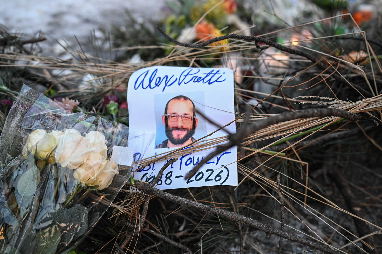A photo of Alex Pretti is tucked among pine needles and sticks and flowers.