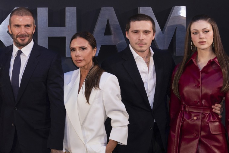 David and Victoria Beckham with their eldest son Brooklyn and his wife Nicola Peltz in 2023.