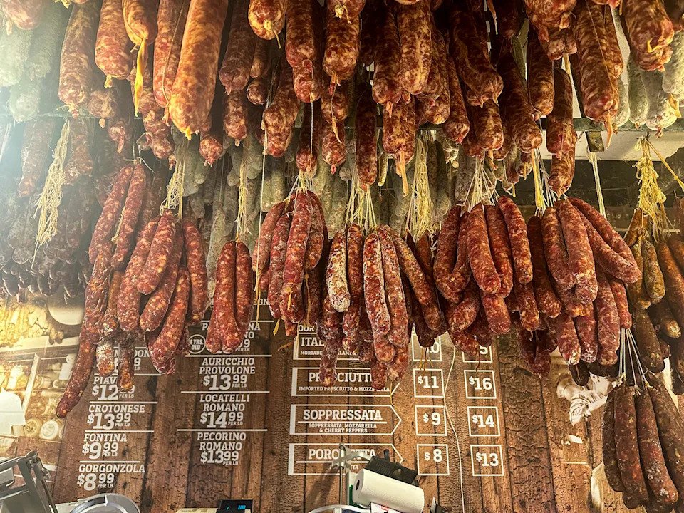 Hanging sausages at deli in the Bronx