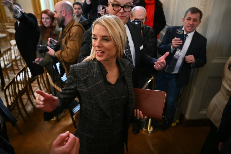 Attorney General Pam Bondi attends a ceremony with President Donald Trump and the Florida Panthers of the National Hockey League, winners of the 2025 Stanley Cup, in the East Room of the White House in Washington, DC on January 15, 2026.