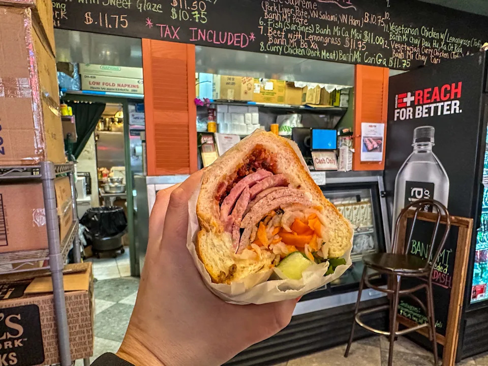 Large sandwich with pork and veggies
