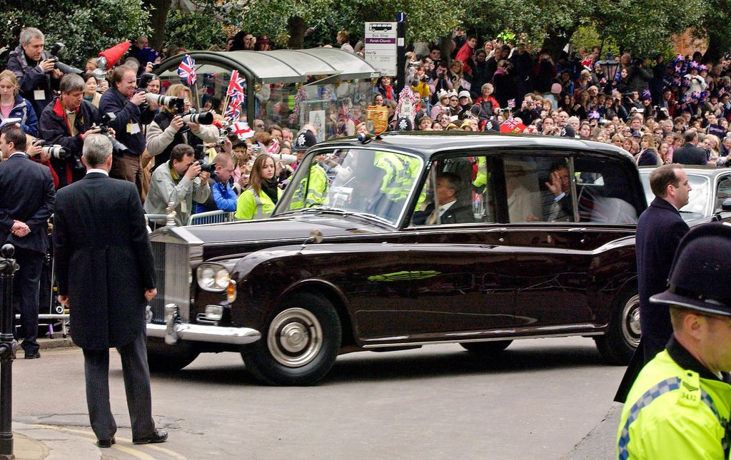 Charles and Camilla arrive at the Guildhall in the Queen's Rolls Royce Phantom for their civil ceremony marriage in 2005