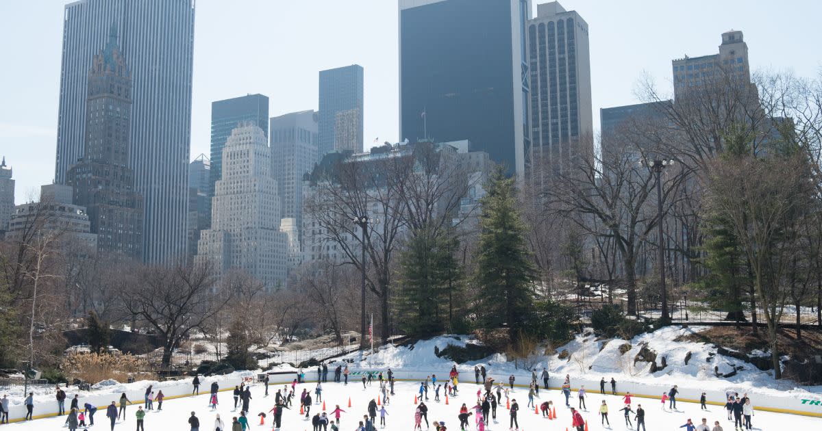 Lots of people are tubing and skating in Central Park, and there are skyscrapers in the distance.