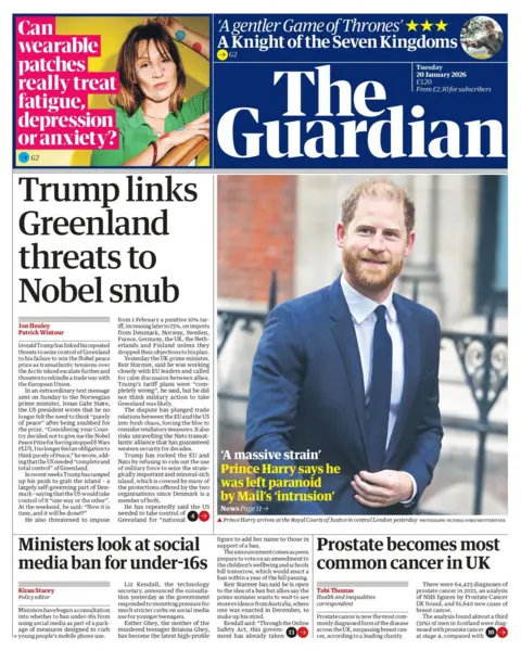 The headline on the front page of the Guardian reads: "Trump links Greenland threats to Nobel snub."