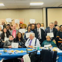 Kings County Democratic County Committee volunteers display their Certificate of Appreciation awards. Also pictured: members of the Kings County Democratic Party Law Committee; Anthony Genovesi, Esq., far right; Rodneyse Bichotte Hermelyn, front row, second from left; and Hon. Frank Seddio, third from left. Brooklyn Eagle photo by Arthur De Gaeta