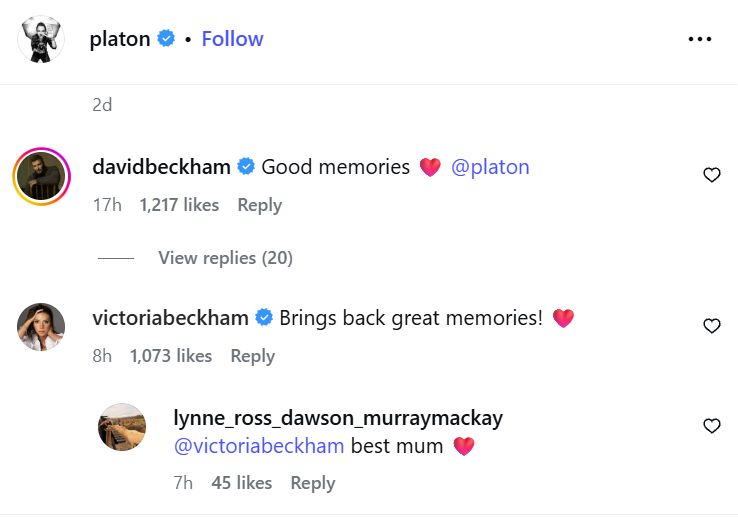 David and Victoria Beckham commenting on an Instagram post